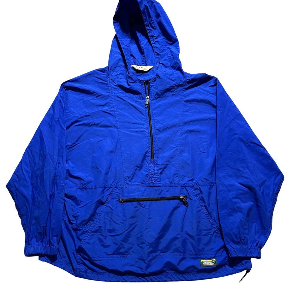 LL Bean Anorak Windbreaker Mens XL Royal Blue Half Zip Hooded Jacket VTG